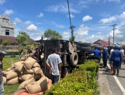 Diduga Hilang Kendali, Truk Bermuatan Kacang Merah Terguling di Jembatan Sulawesi
