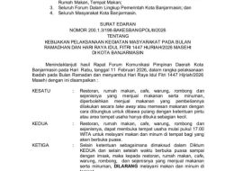 Pemko Banjarmasin Terbitkan 13 Aturan Ramadan 1447 H, Hiburan Malam Ditutup dan Dine-In Dibatasi
